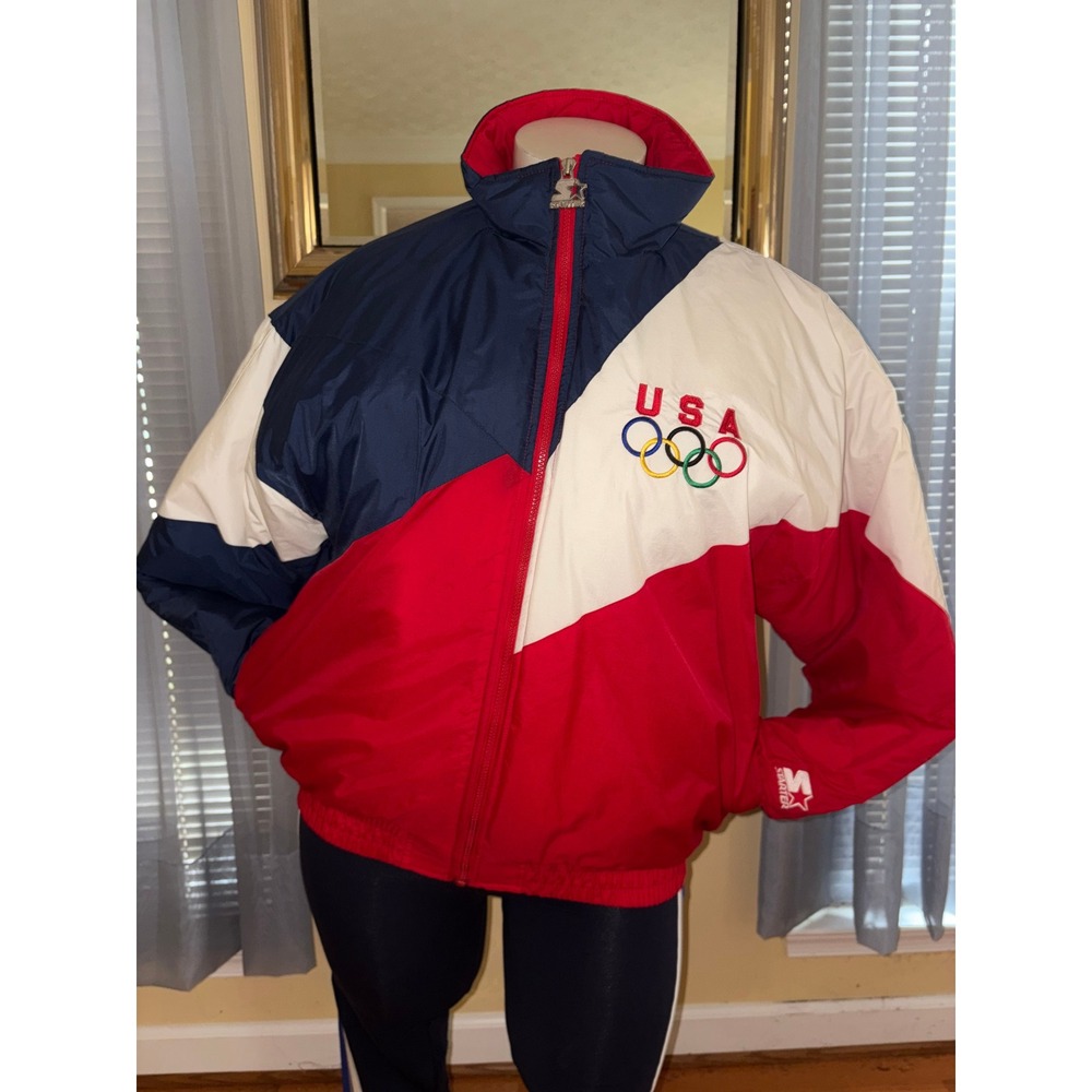 Vintage Starter USA Olympic Team Puffer Jacket XL Red White Blue Colorblock